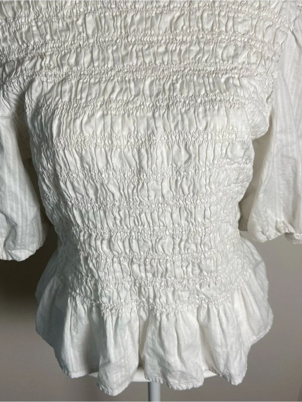 Old Navy White Smocked Peplum Blouse with Puff Sleeves